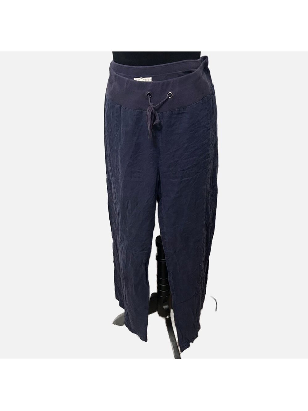 Eileen Fisher Women’s Drawstring Pants 100% Organic Linen Medium Blue Navy